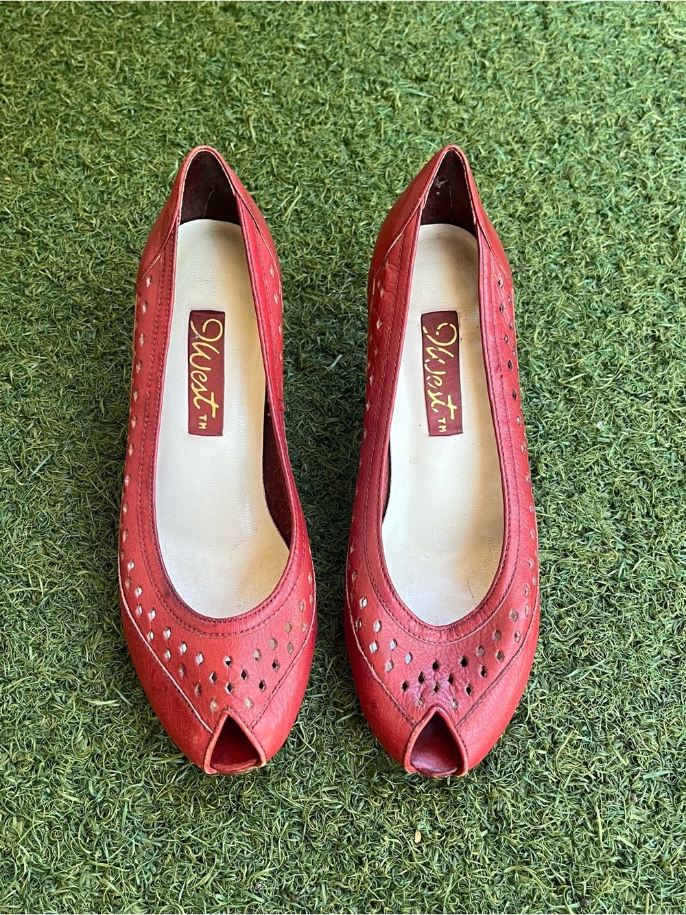 Vintage Nine West Red Leather Peep Toe Kitten Heels with perforated detailing